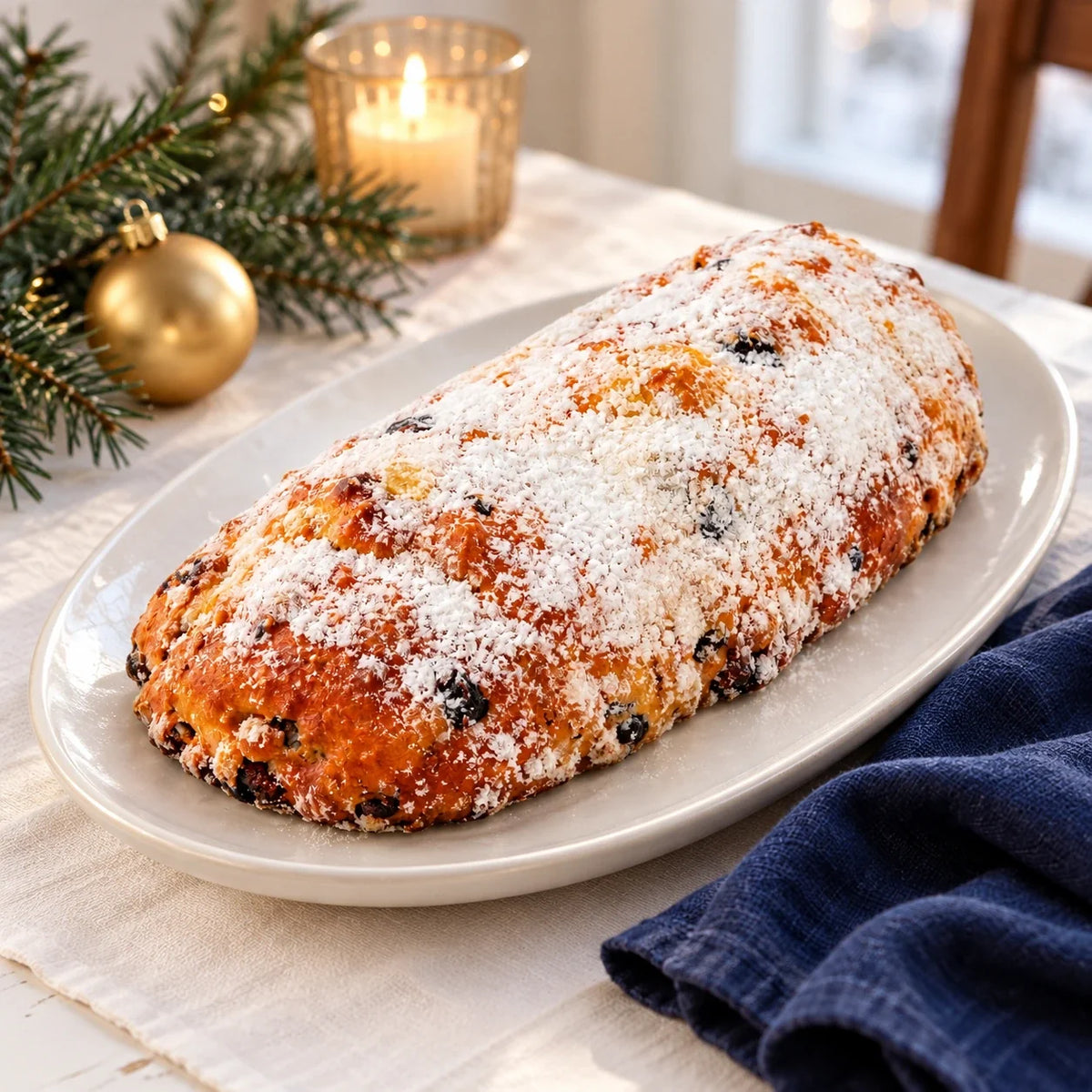 Christstollen auf dem Weihnachtstisch · Produktinszenierung