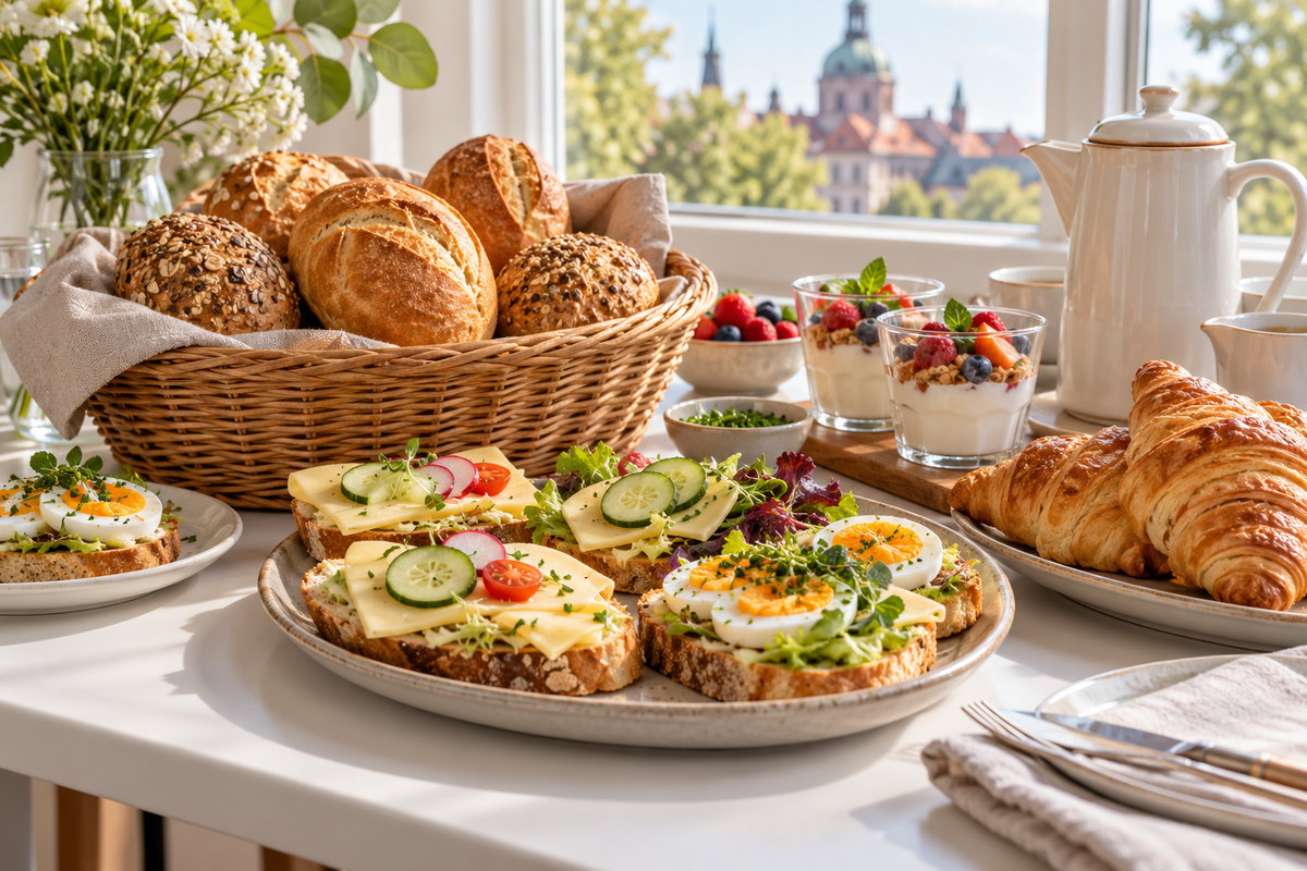 KI-generierter Serviervorschlag: Frühstück mit Backwaren und belegten Broten