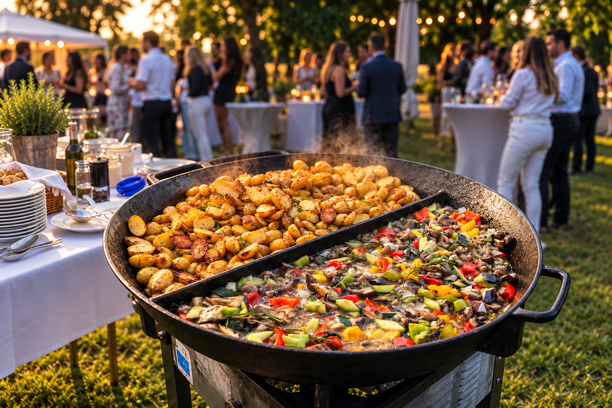große Pfanne mit Kartoffeln und Gemüse