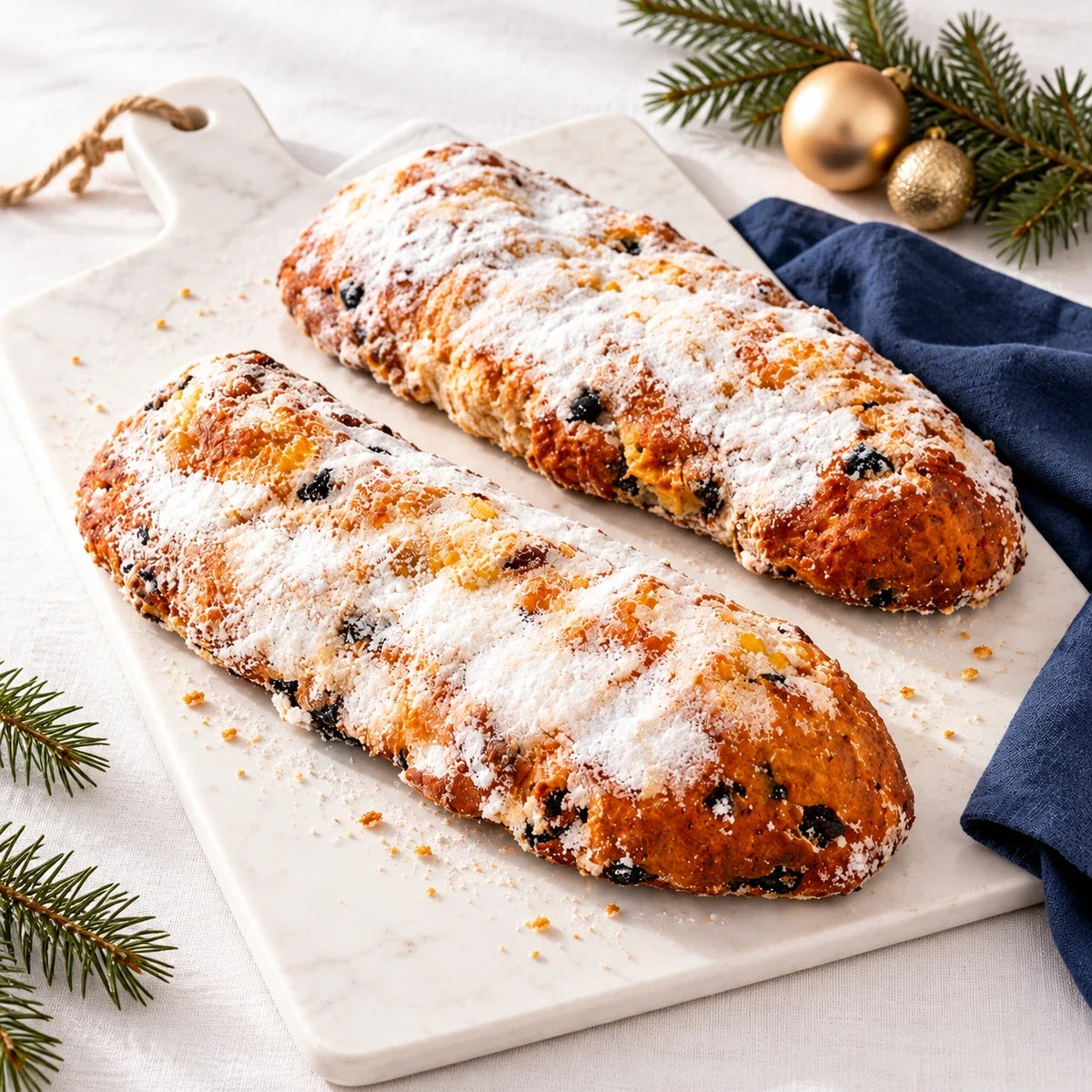 Stollen-Duo auf dem Weihnachtstisch · Produktinszenierung